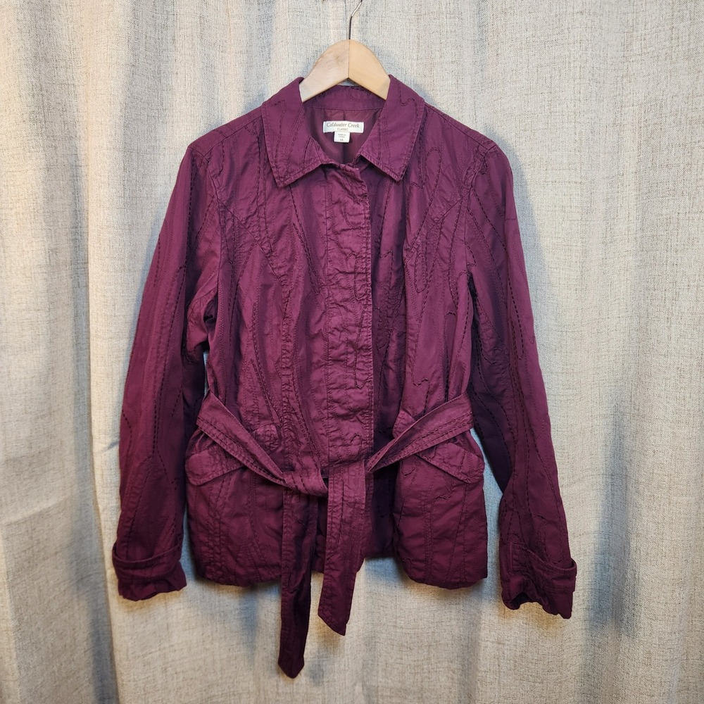 Coldwater Creek Lined Jacket Women 14 Purple Embroidered Lightweight Button Belt